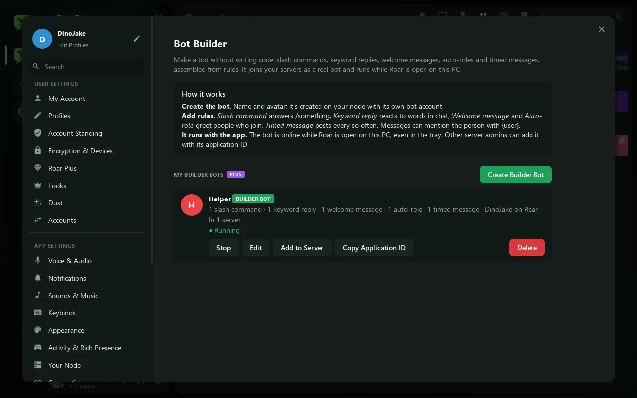 User Settings, Bot Builder: how it works, and a builder bot called Helper, running in 1 server, with Stop, Edit, Add to Server, Copy Application ID and Delete buttons.