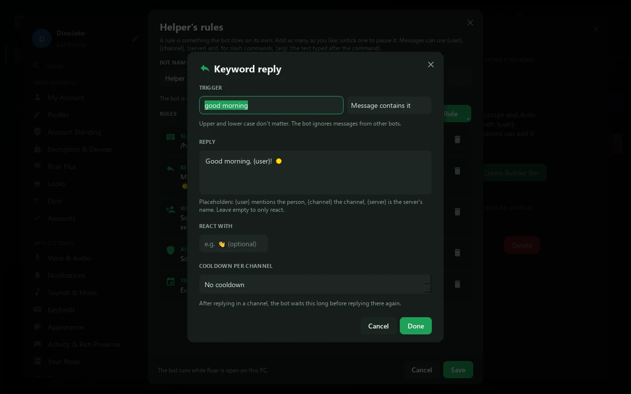 The keyword reply editor: Trigger good morning, Message contains it, Reply Good morning, {user}!, React with, and Cooldown per channel.