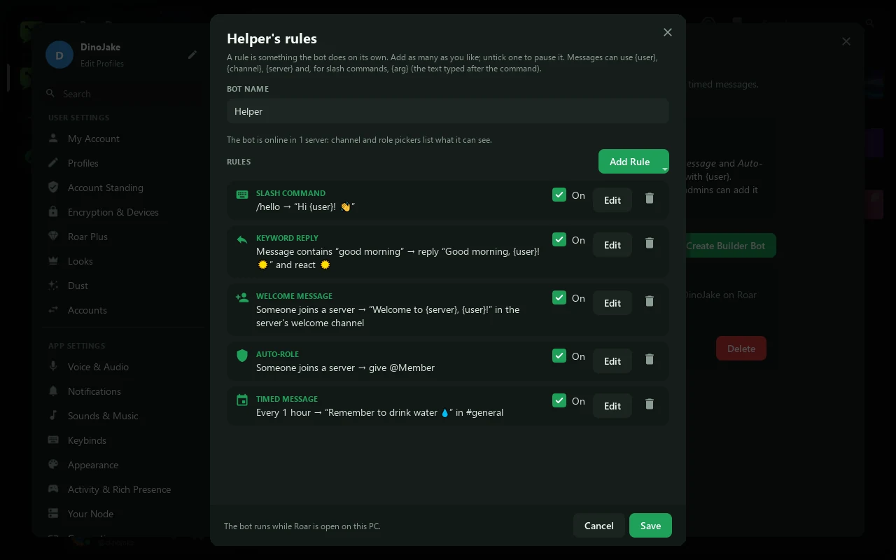 Helper's rules: a slash command, a keyword reply, a welcome message, an auto-role and a timed message.
