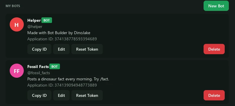 My Bots on the Developer page: two bots, each with its Application ID and Copy ID, Edit, Reset Token and Delete buttons.