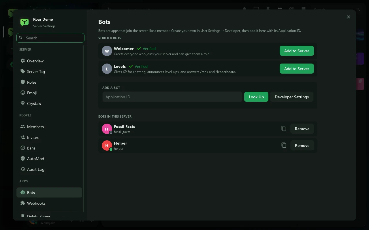 Server Settings, Bots: a box to paste an Application ID, the verified bots Welcomer and Levels, and the bots in this server.